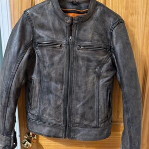 Gray Leather Motorcycle Jacket with Quilted Details